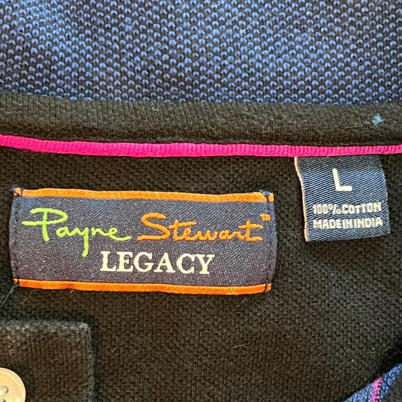 Payne Stewart Legacy Polo Shirt Blue Check Pink Logo Long Sleeve Cotton Mens L - Picture 6 of 10